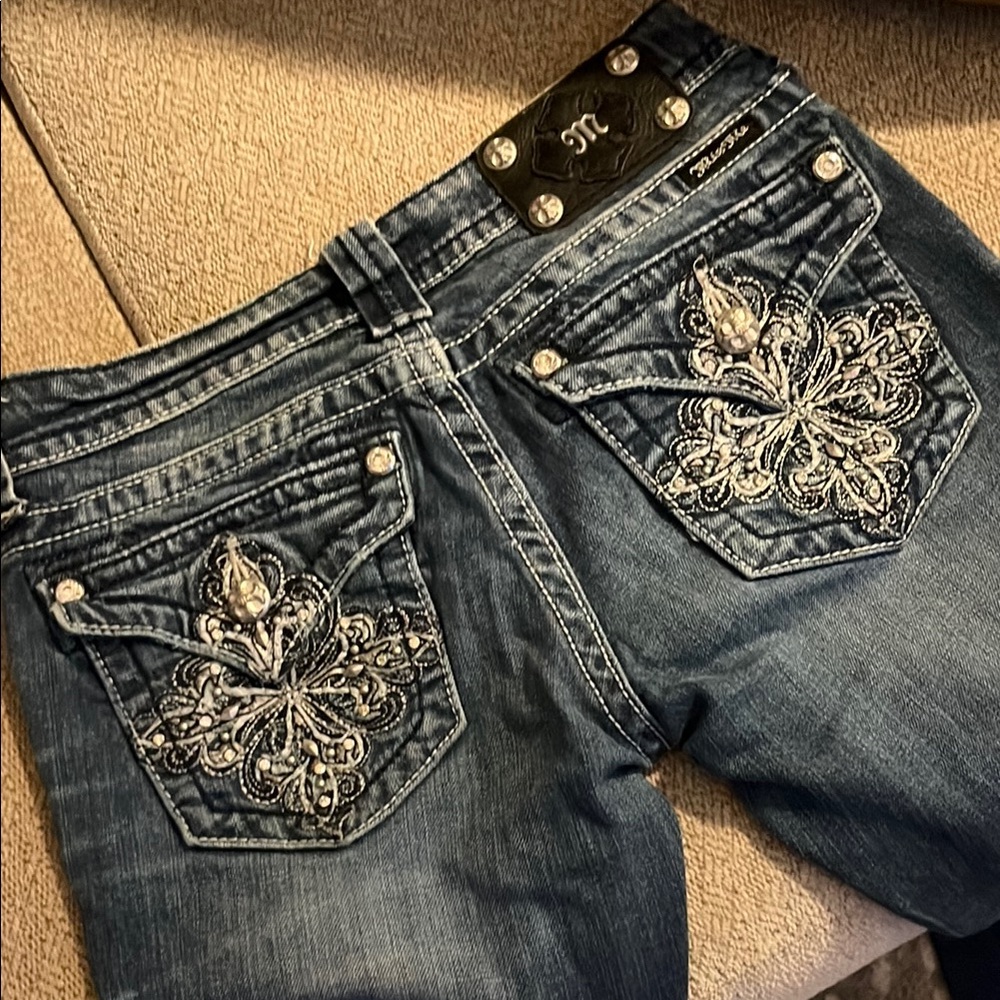 Miss Me Dark Blue Boot Cut Jeans with Silver Embellishments